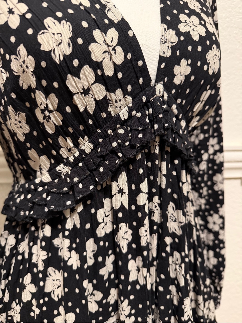 Angie Black Floral Long Sleeve Ruffle Mini Dress Boho Babydoll - Picture 7 of 10